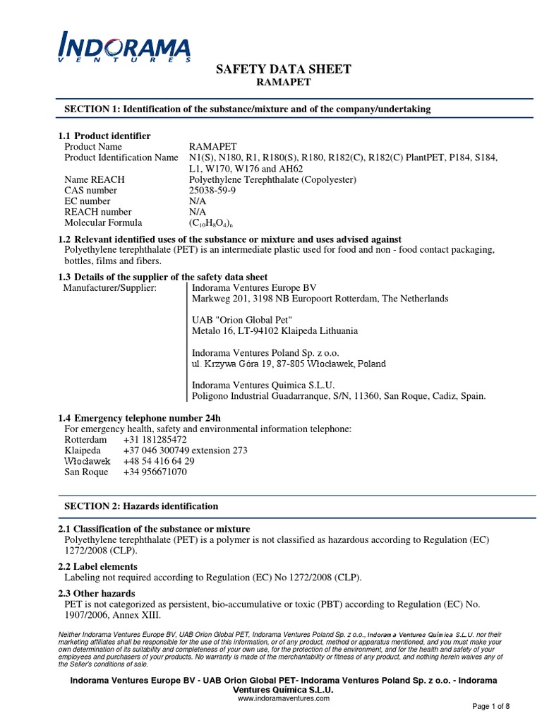 RAMAPET Safety Data Sheet | PDF | Waste | Dangerous Goods