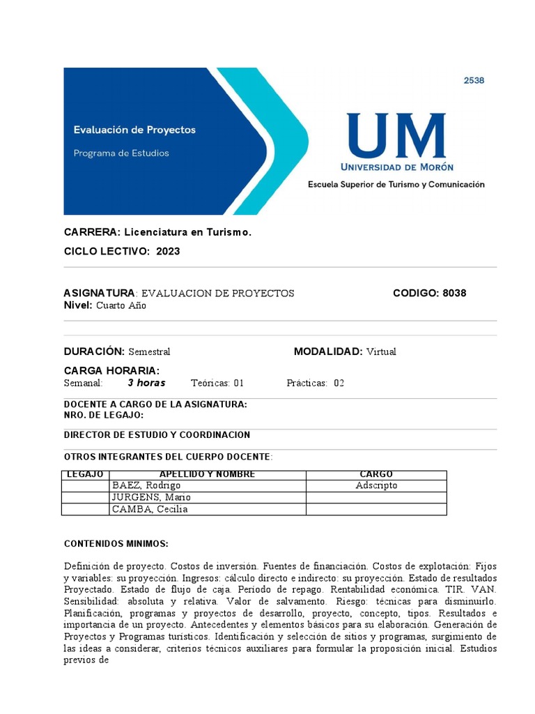 Programa 8038 - EVALUACION DE PROYECTOS (Lino Osorio) | PDF ...