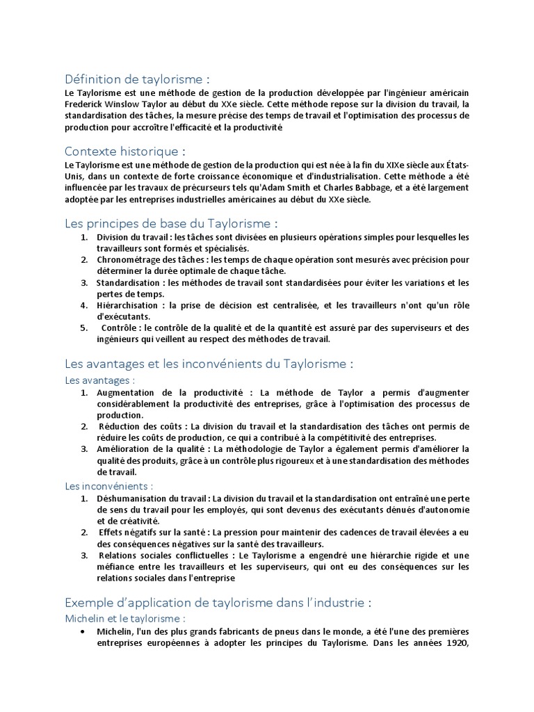 Comprendre le Taylorisme et ses impacts | PDF | Division du travail ...