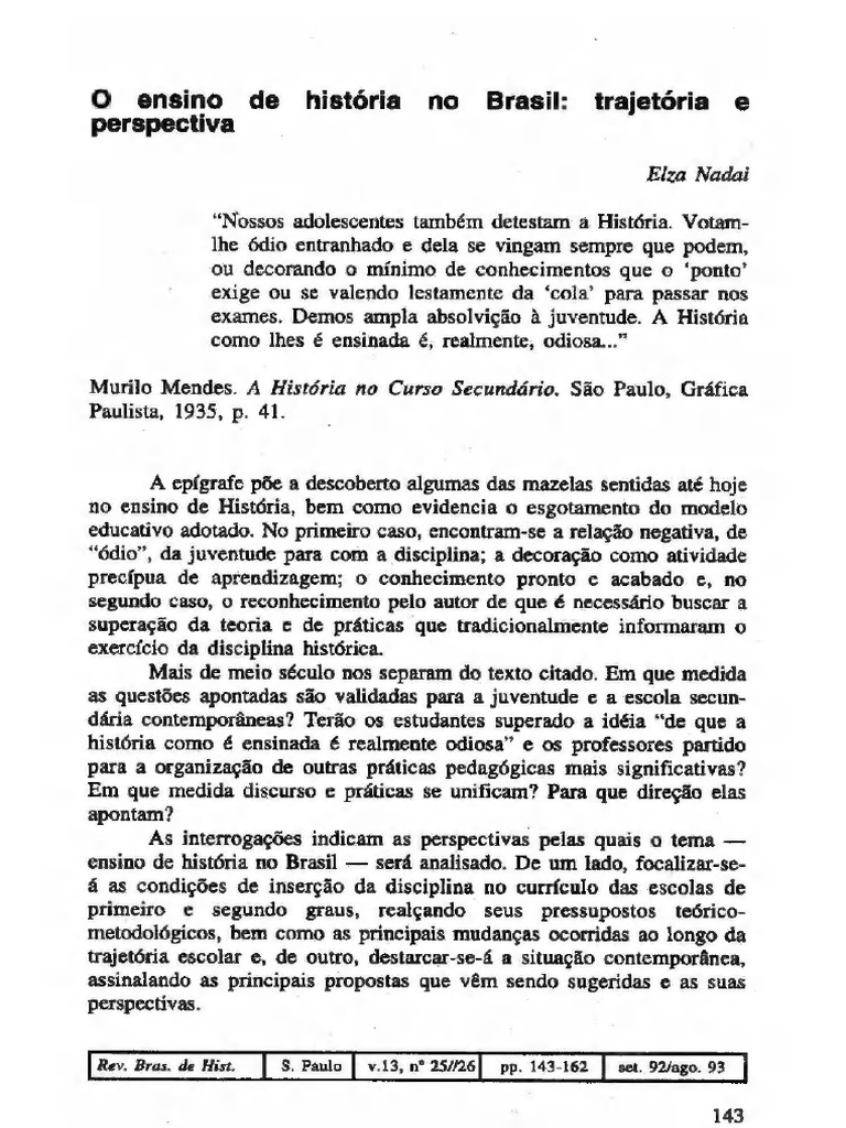 TEXTO 1. O Ensino de História No Brasil Trajetória e Perspectiva - Elza ...