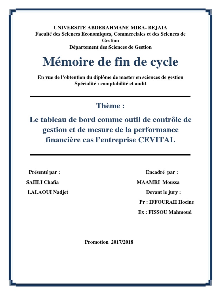 Page De Garde Cahiers Outils Avec Manny Et Ses Outils Le Tableau de Bord Comme Outil de Contrôle de Gestion Et de Mesure de La  Performance Financière | PDF | Ratio financier | Audit