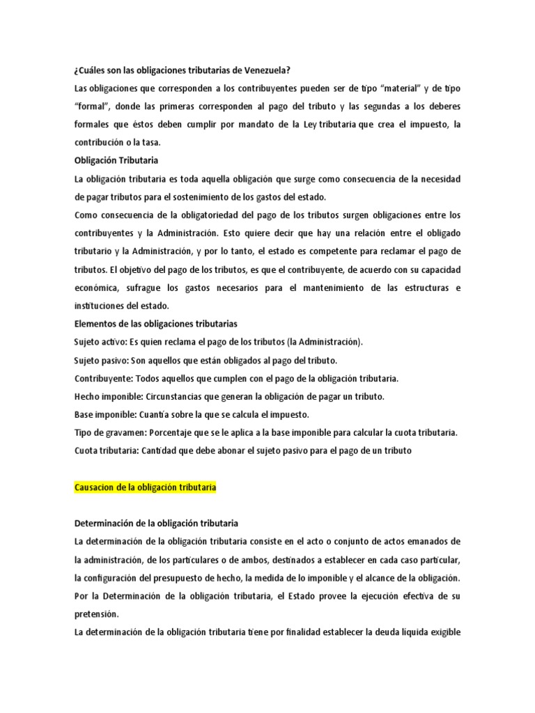 Las Obligaciones Tributarias de Venezuela | PDF | Pagos | Impuestos