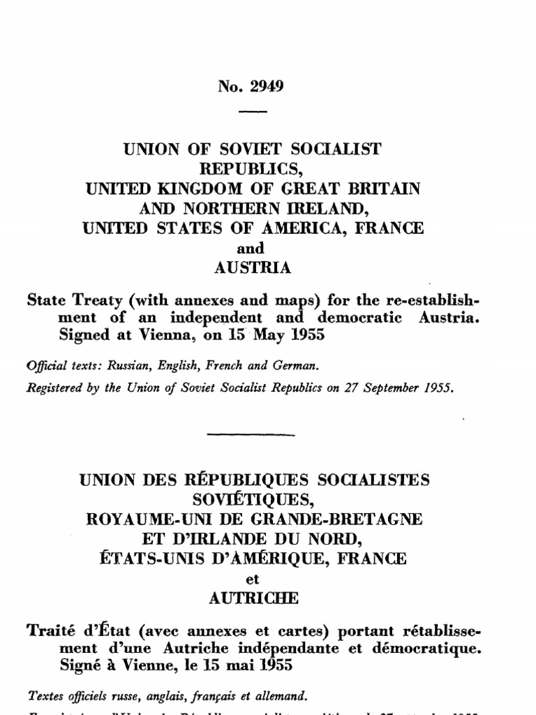 State Treaty for Austria, signed Vienna 15 May 1955 Austria Allies