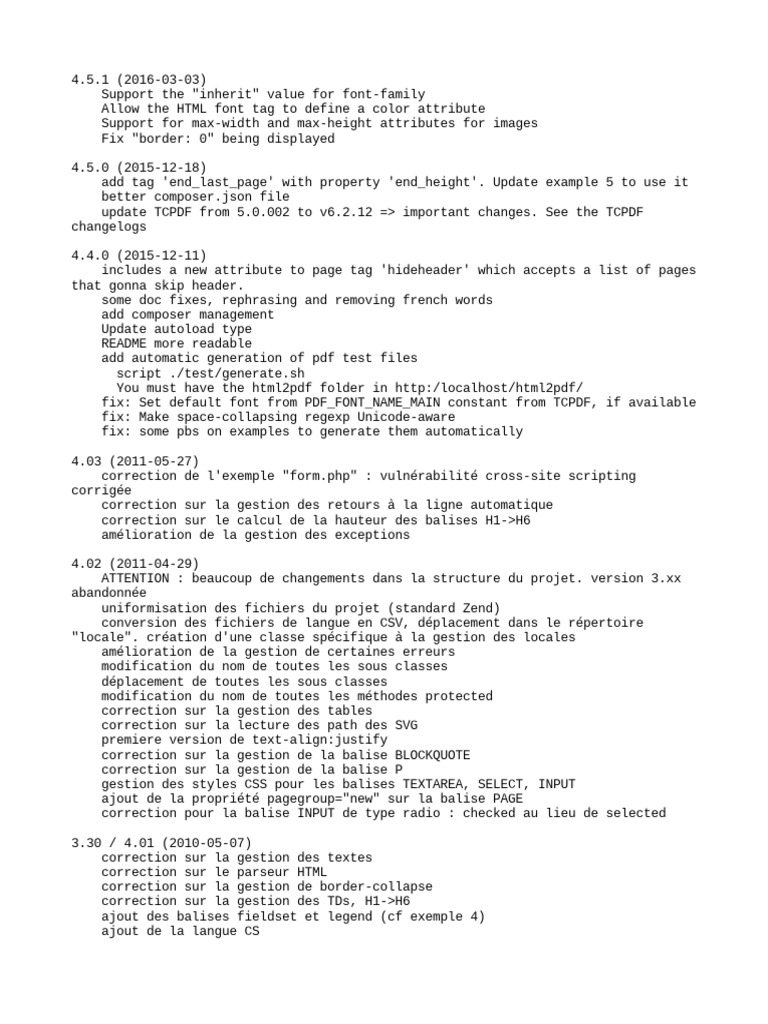 Changelog pdf html php