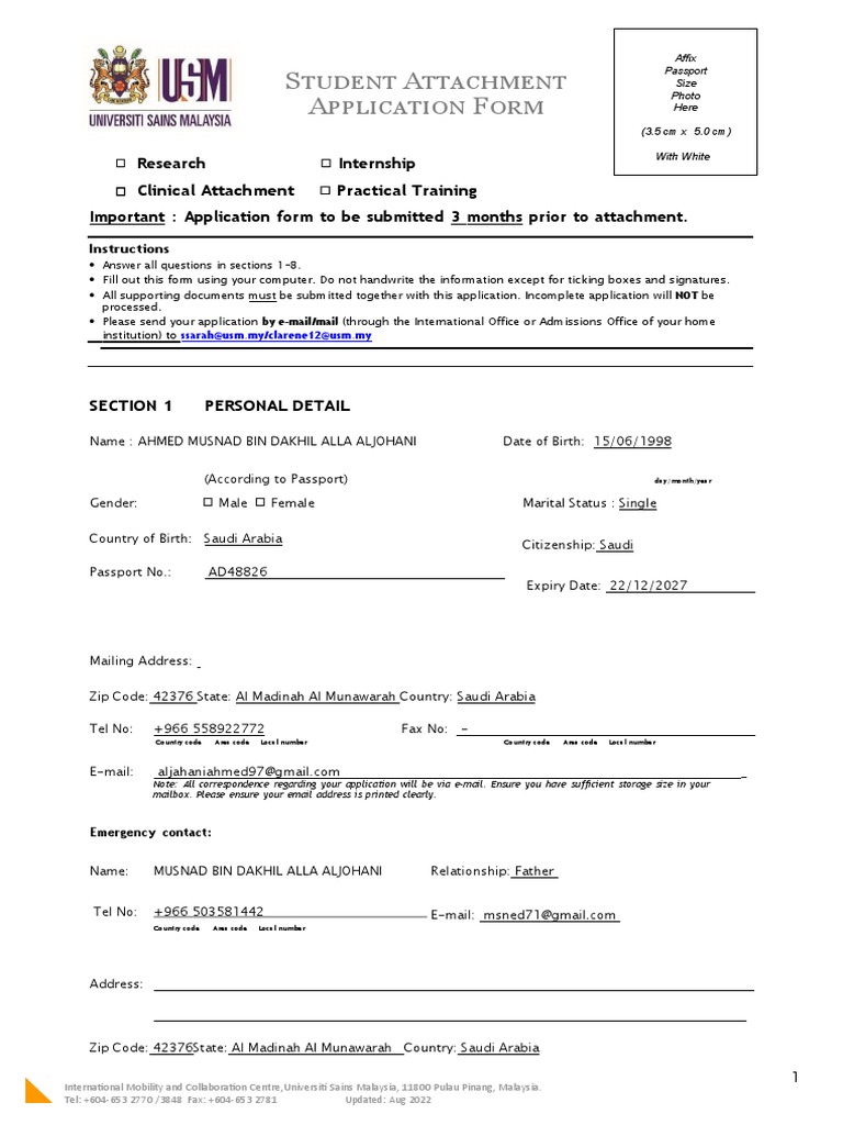 USM Student Attachment Application Form | PDF