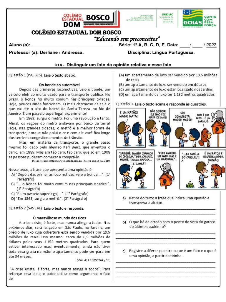 Atividades sobre Fato e Opinião 5º Ano | PDF | Metropolitano | Carro