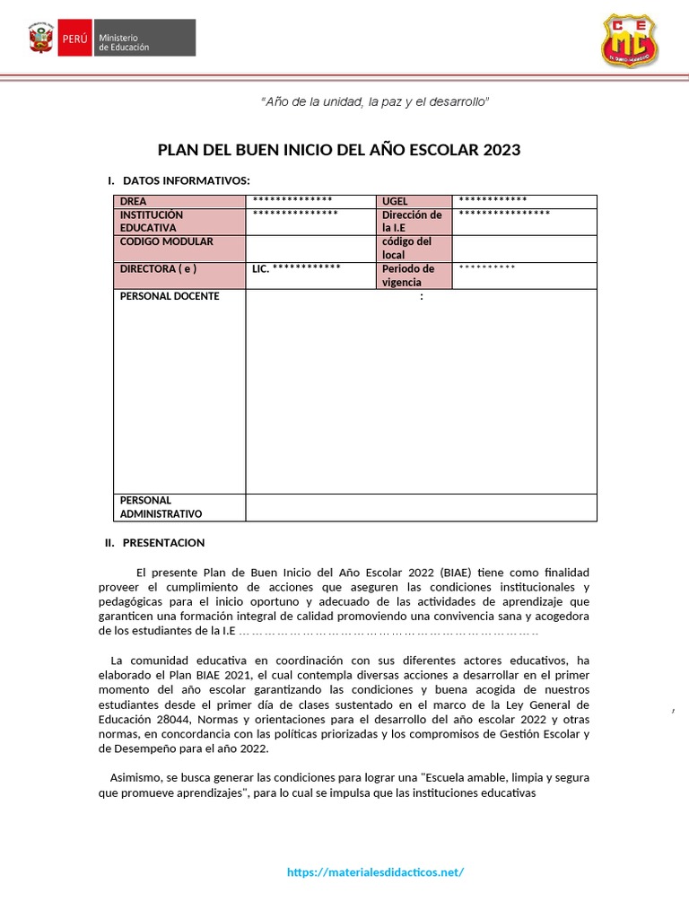 Plan de Buen Inicio Escolar 2023 | PDF | Educación primaria | Enseñando