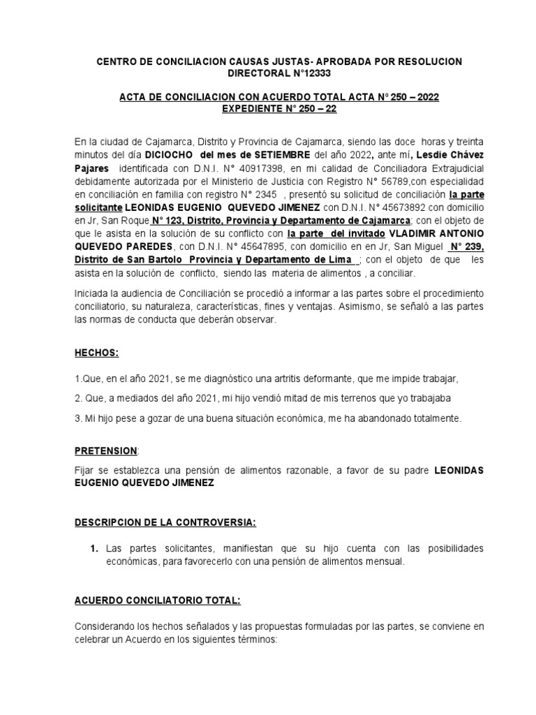 Acta de Conciliacion Pension de Alimentos Familia | PDF | Pensión ...