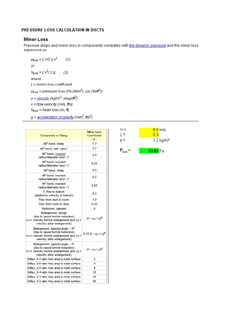 Duct Pressure Loss Calculation | PDF | Mechanical Engineering ...