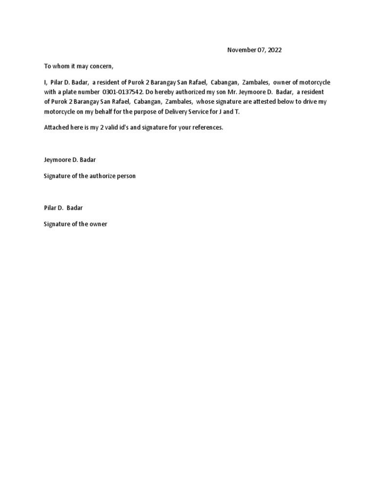Authorization letter for the use of vehicle pdf