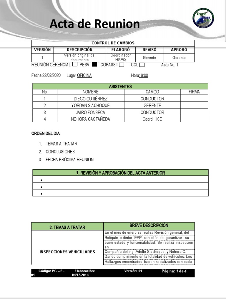 Acta de Reunión Gerencial PESV | PDF