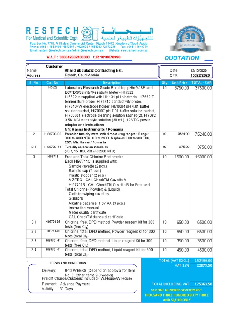 Quotation for Laboratory Equipment | PDF | Ph | Chemistry