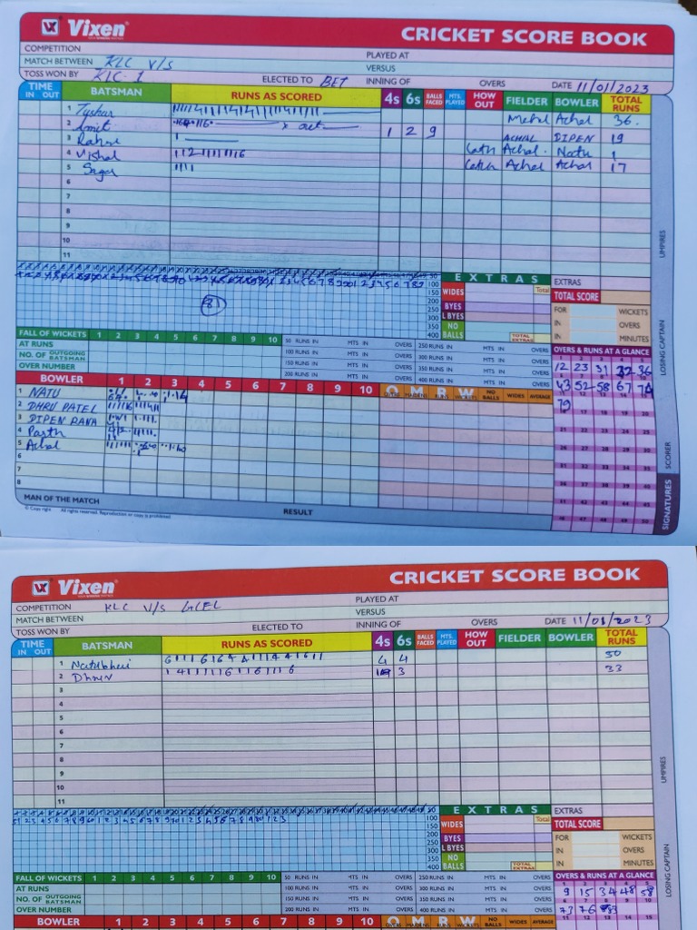 Vixen Cricket Score Book Template | PDF | Summer Sports | Ball And Bat ...