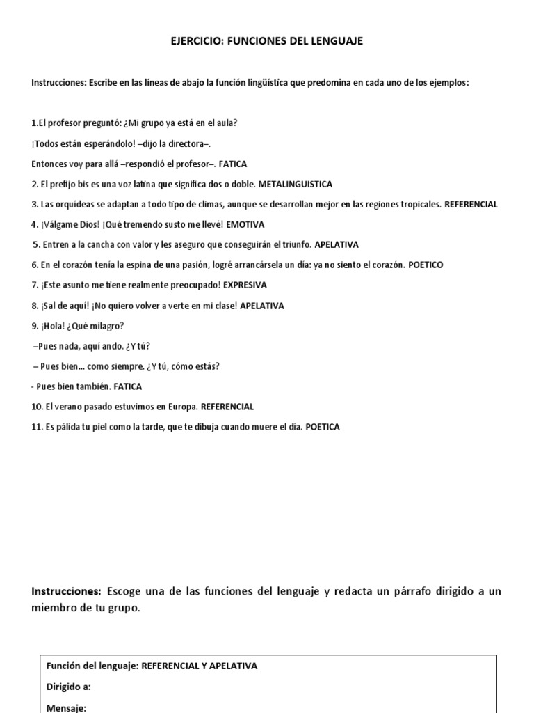Ejercicios sobre funciones del lenguaje | PDF | Artes del Lenguaje y ...