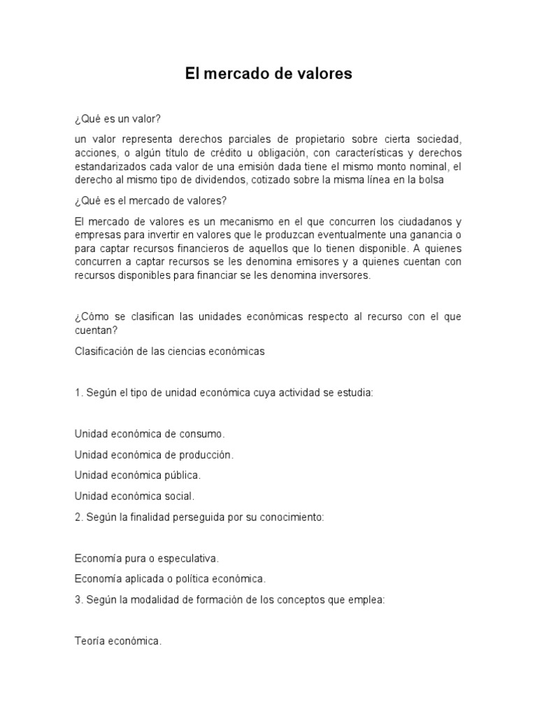 Cuestionario Mercado de Valores | PDF | Bolsa | Mercado (economía)