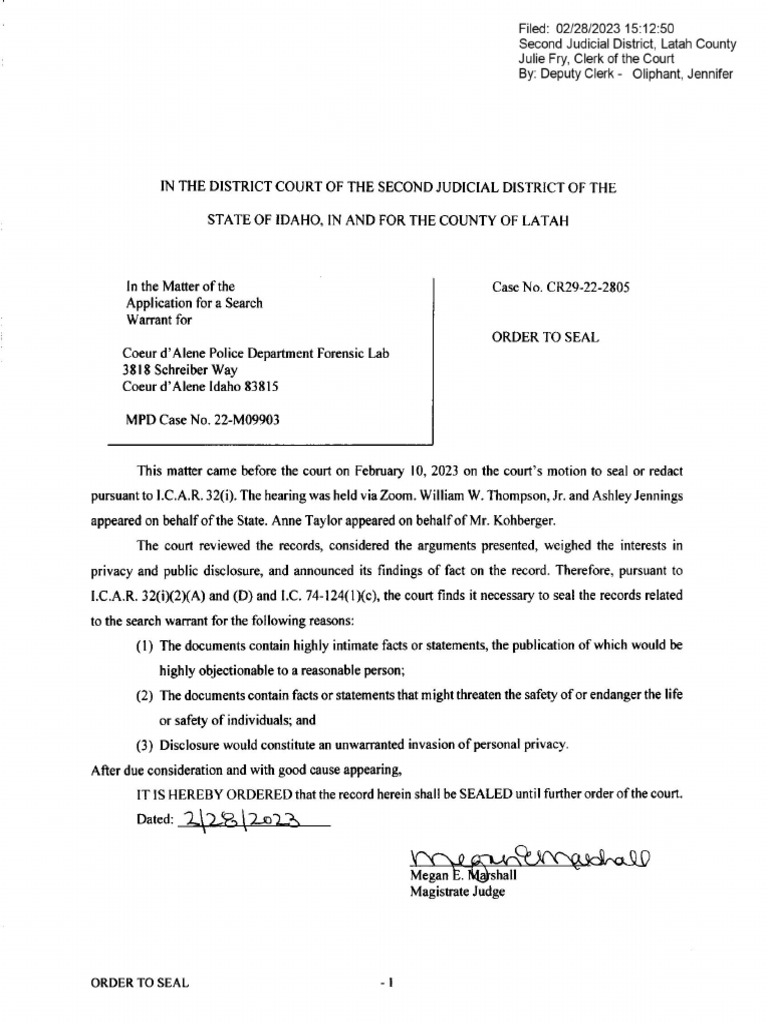 Order to Seal Latah County Case CR29-22-2805 | PDF | Search Warrant ...