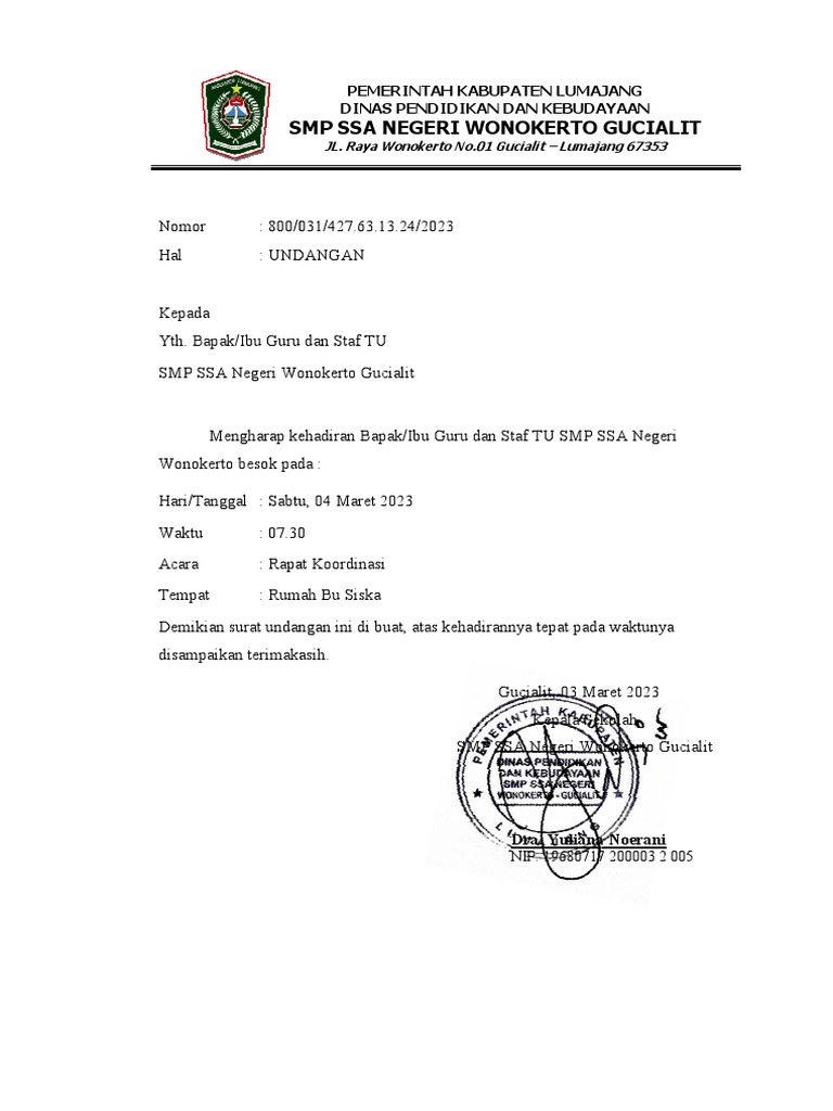 SURAT UNDANGAN Rapat KOORDINASI | PDF