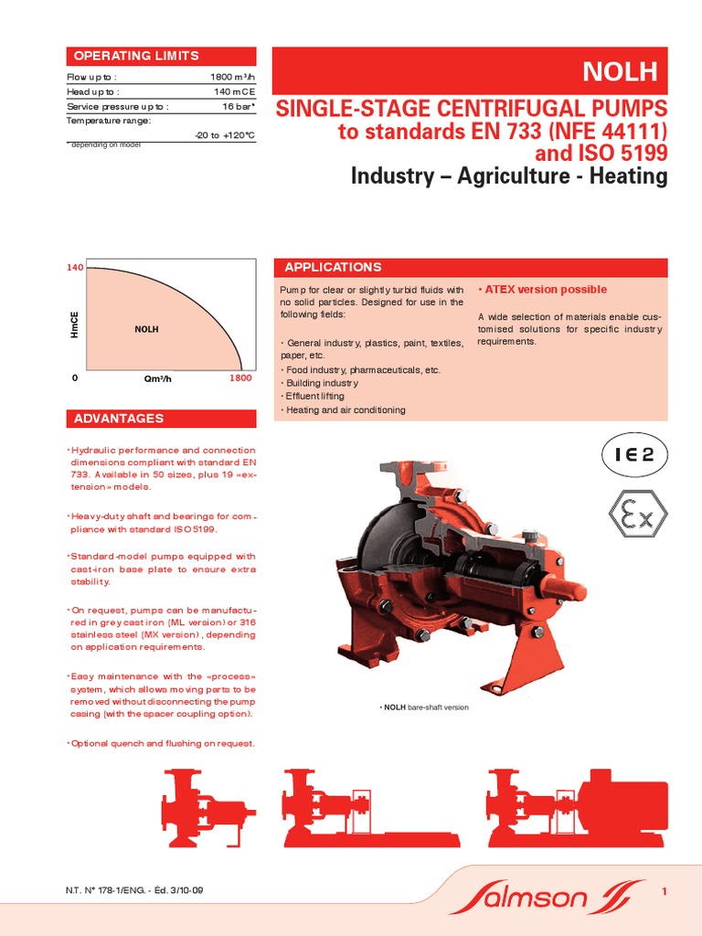 NOLH Centrifugal Pump Specifications | PDF | Bearing (Mechanical) | Pump