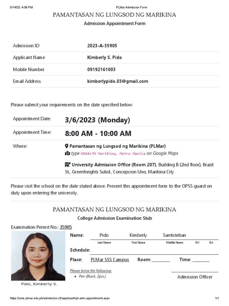 PLMar Admission Appointment Details | PDF