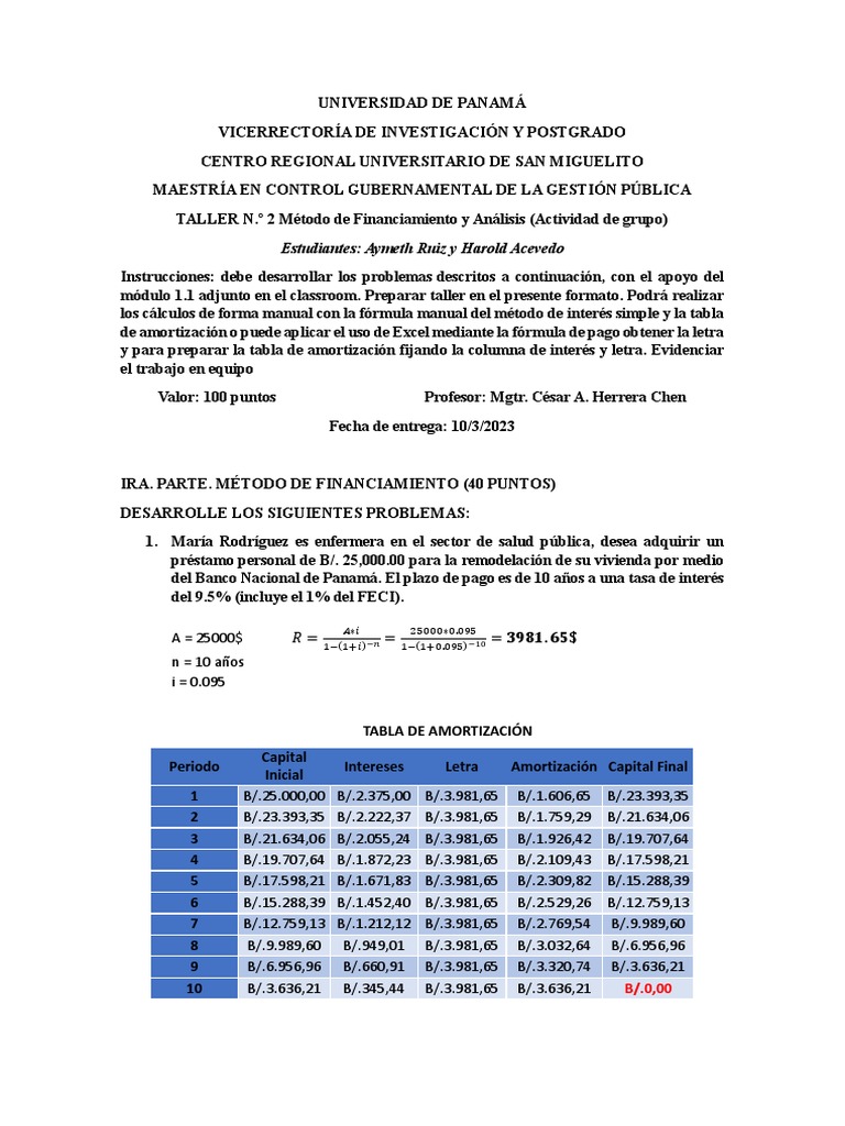 Taller N 2 Metodo De Financiamiento Y Analisis Pdf Préstamo