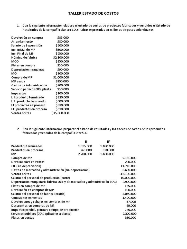 Estado de Costos y Resultados Llanera y Star | PDF | Corporaciones ...