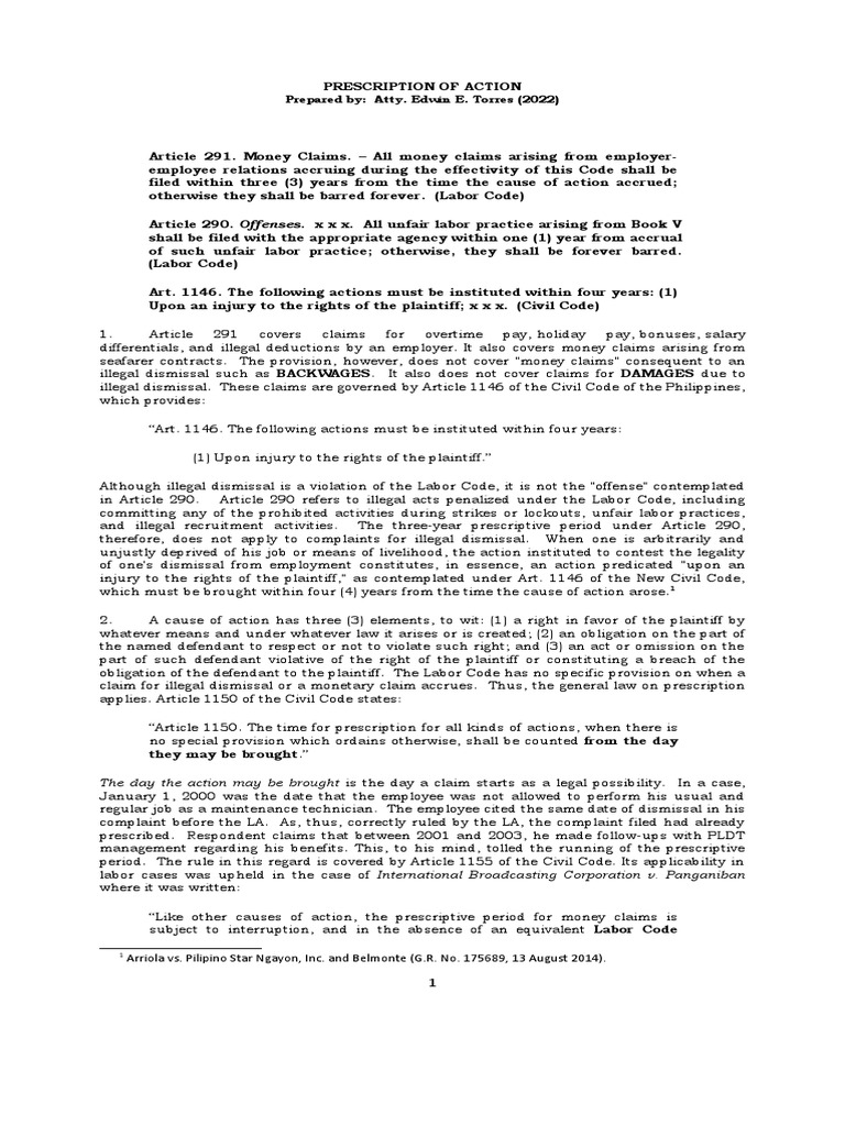 Prescription of Action PDF Statute Of Limitations Employment