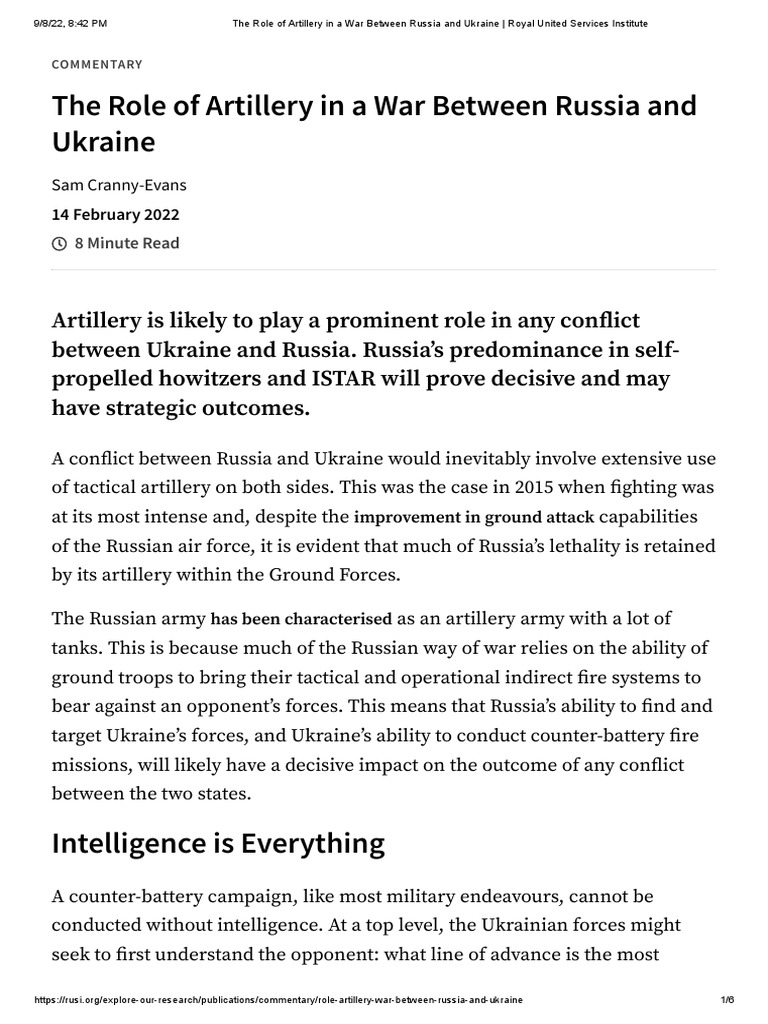The Role of Artillery in A War Between Russia and Ukraine - Royal ...