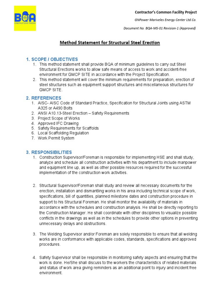 Structural steel erection safety a method statement for ensuring