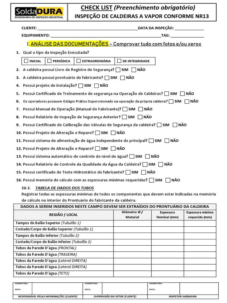 CHECK-LIST Inspeção Caldeiras (PADRÃO) | PDF | Caldeira | Ciências Físicas