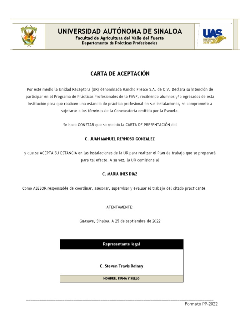 Carta de Aceptación de Prácticas FAVF | PDF