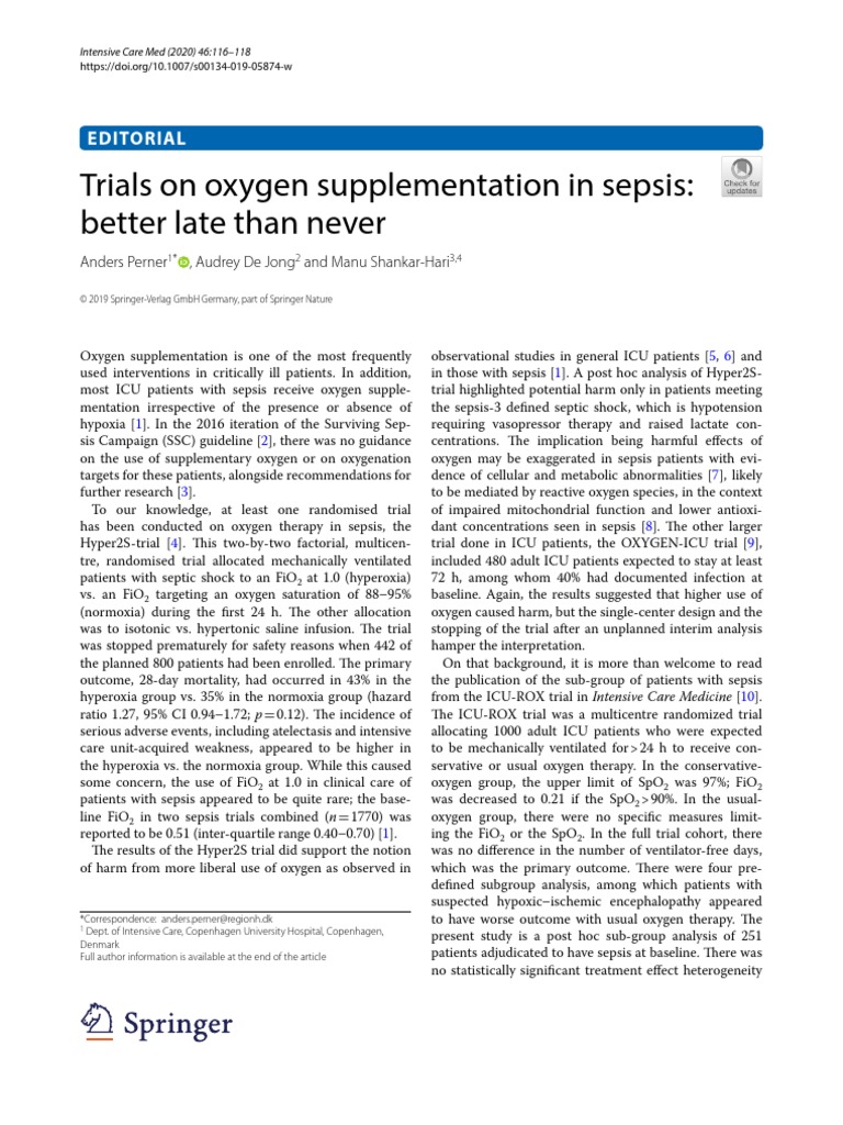 Oxygen Sepsis PDF | PDF | Sepsis | Intensive Care Unit