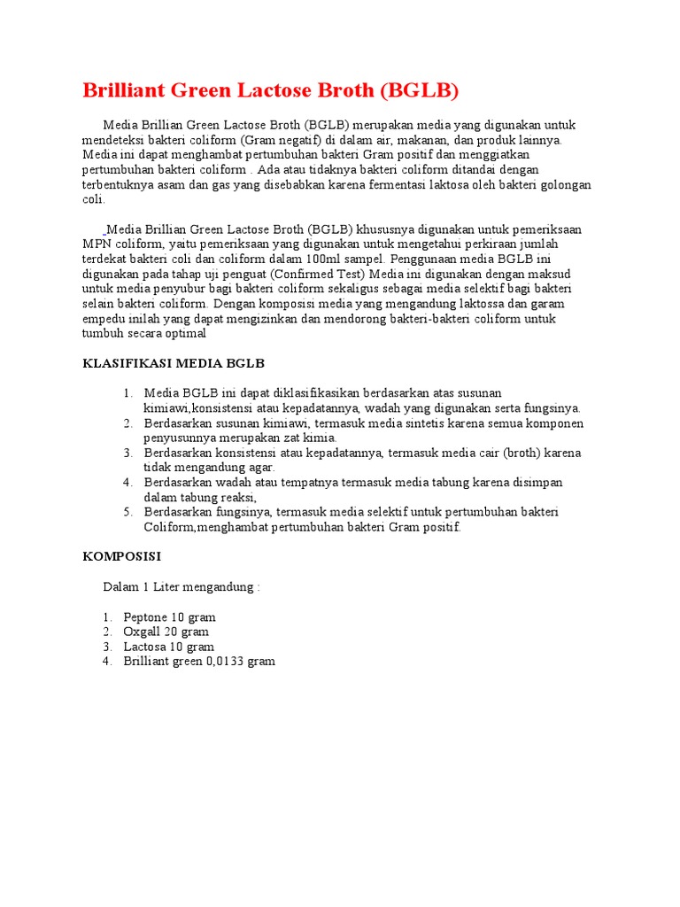 Media BGLB untuk Deteksi Coliform | PDF | Memasak, Makanan, & Anggur ...