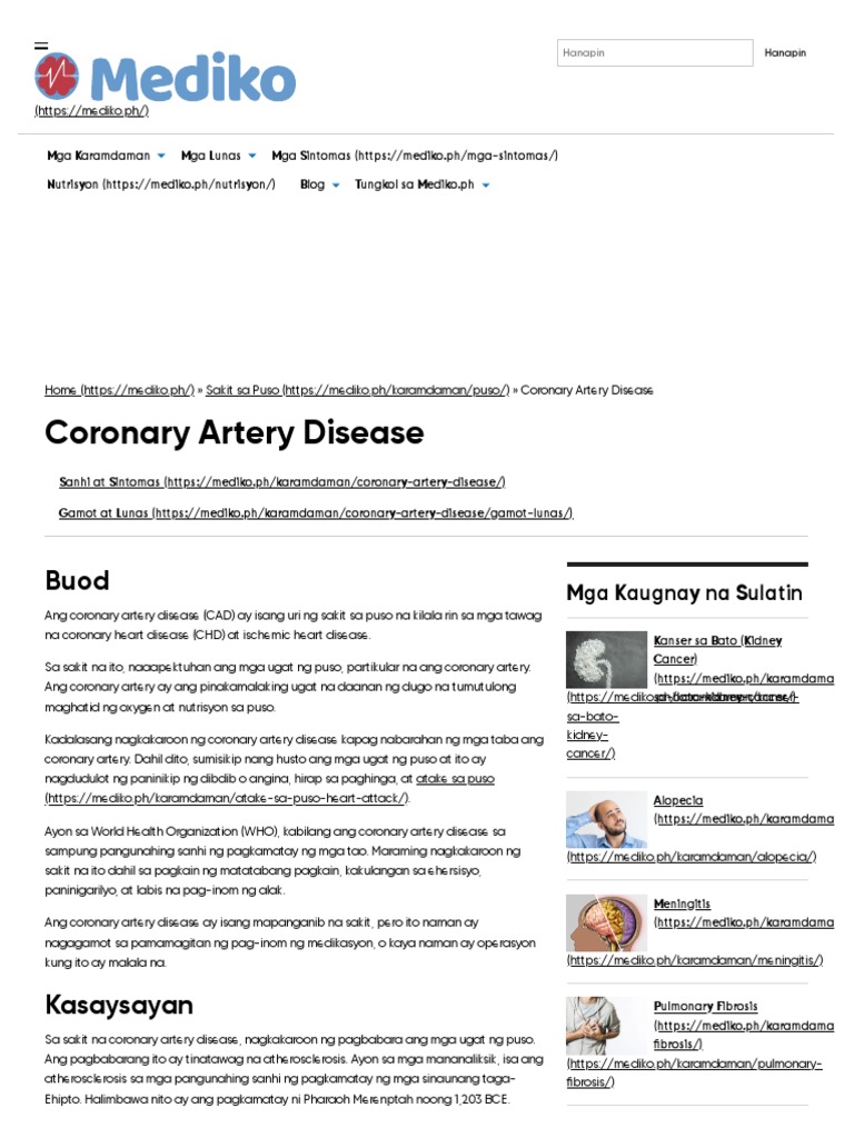 Coronary Artery Disease - Sintomas at Sanhi - Mediko - PH | PDF