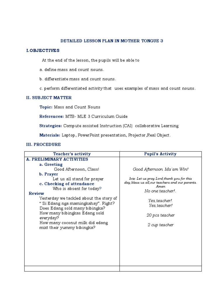 Grade 3 Lesson Plan: Mass and Count Nouns | PDF | Noun | Teachers