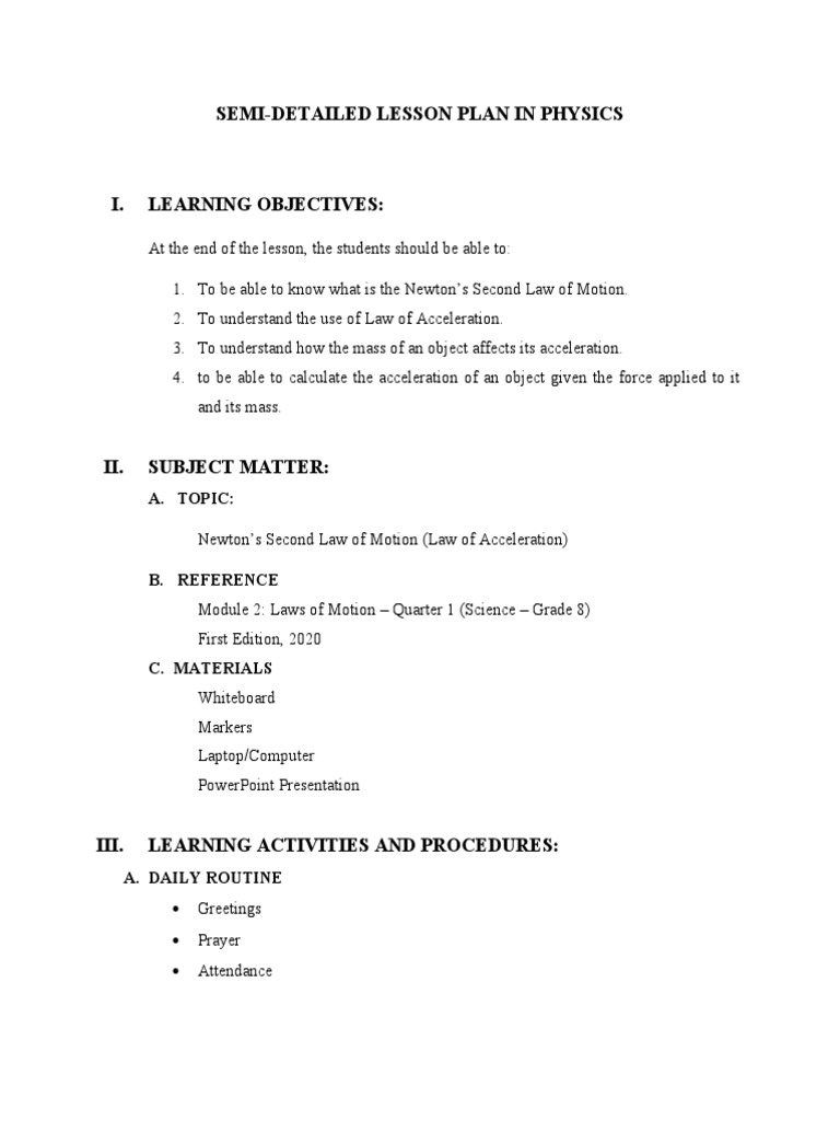Semi-Detailed Lesson Plan: Newton's Law | PDF | Force | Newton's Laws ...