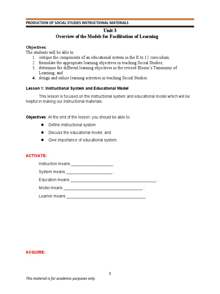 Unit 3 Overview Of The Models For Facilitation Of Learning Pdf