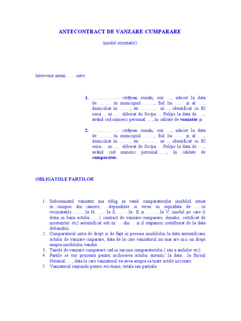 Antecontract De Vanzare