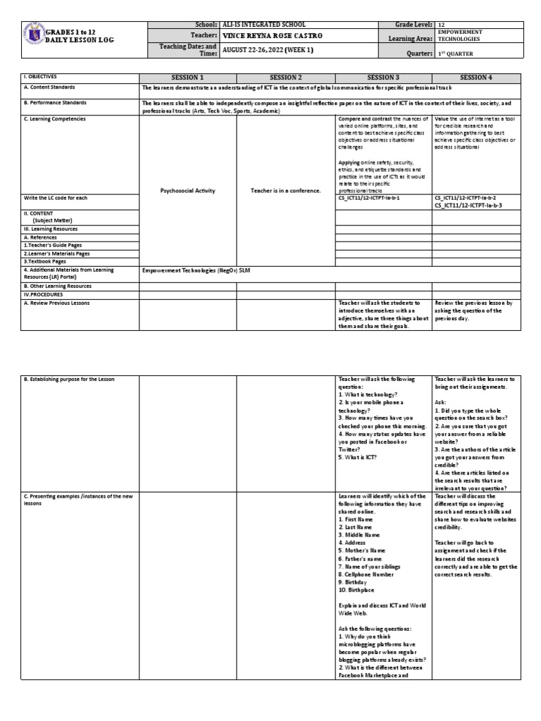 Empowerment Technologies Lesson Plan | PDF | Educational Technology ...