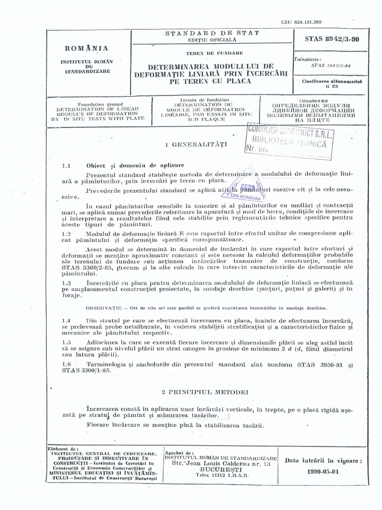 Stas 8942 3 90 Modul de Deformatie Liniara Prin Incarcari Pe Teren Cu ...