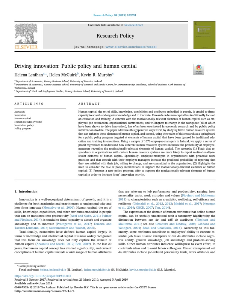 Driving Innovation - Public Policy - Human Capital PDF | PDF | Cost Of ...