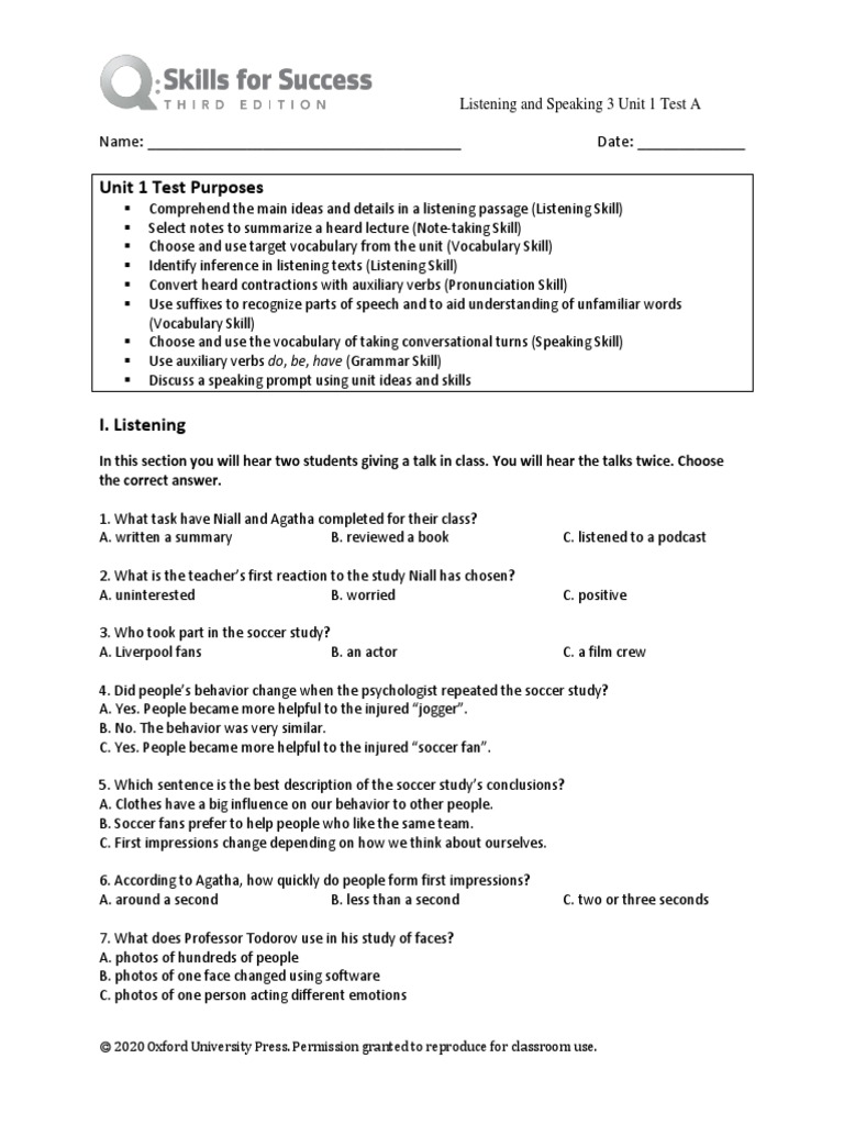 Unit Test 1 Listening and Speaking PDF | PDF | Vocabulary | Cognitive ...