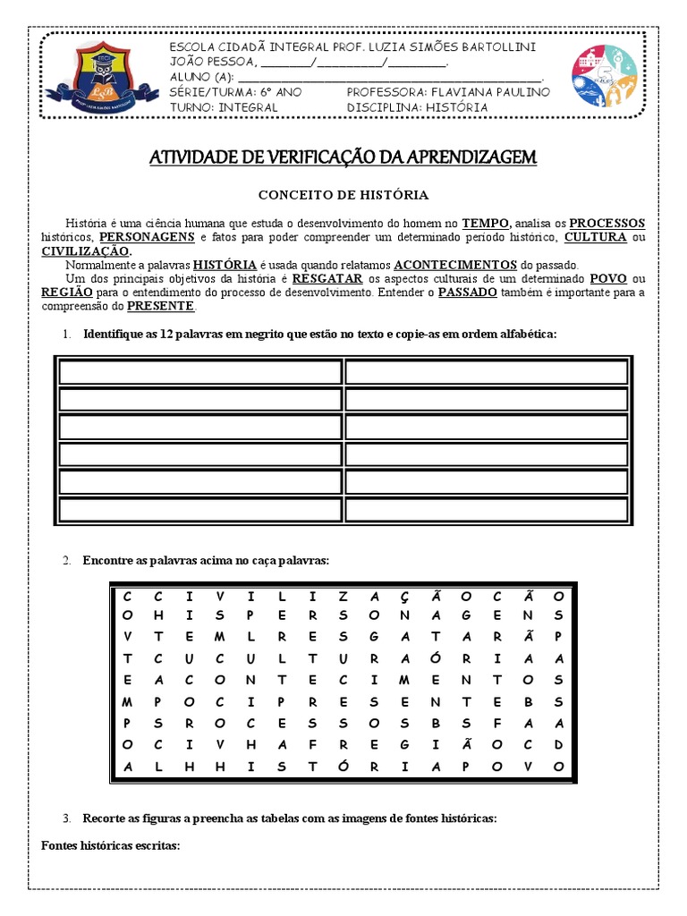 Atividade Fontes Históricas 6° Ano | PDF