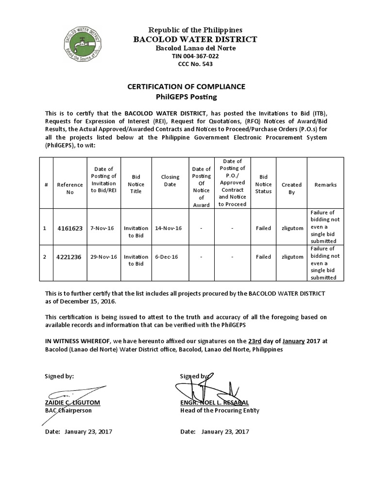 Certification of PhilGEPS Posting 2016 | PDF | Economies | Business Process