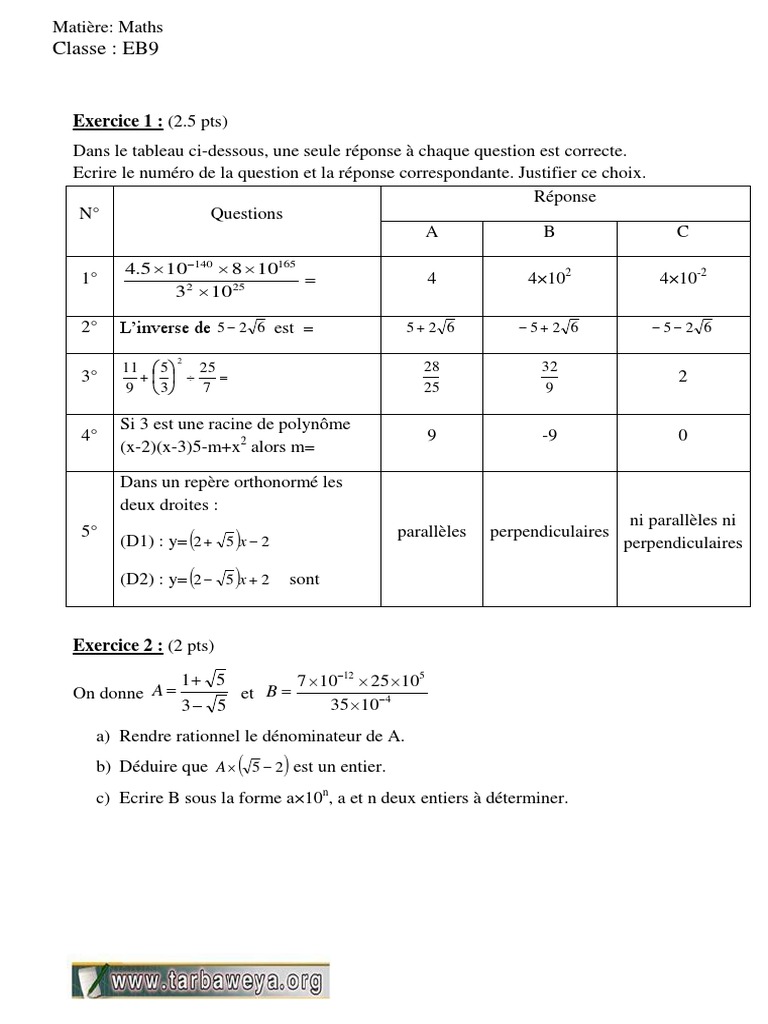 Examen de mathématiques EB9 avec corrigé | PDF | Analyse mathématique ...