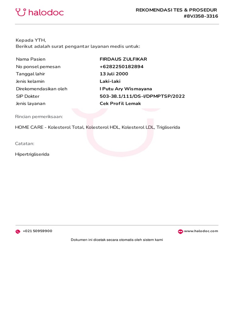 Surat Pengantar Layanan Halodoc | PDF