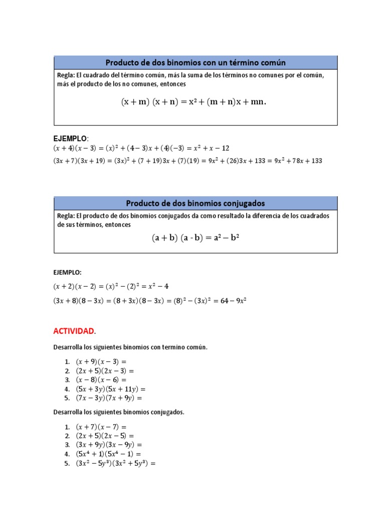 Ejercicios de Binomios Comunes y Conjugados | PDF