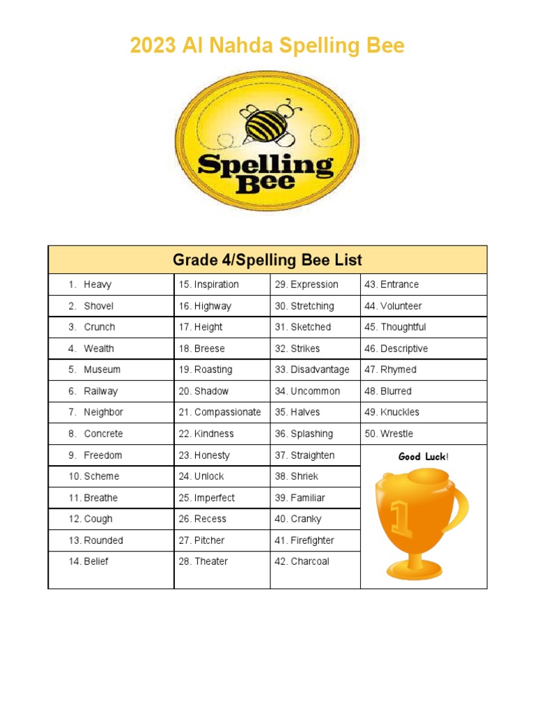 Grade 4 Spelling Bee List PDF