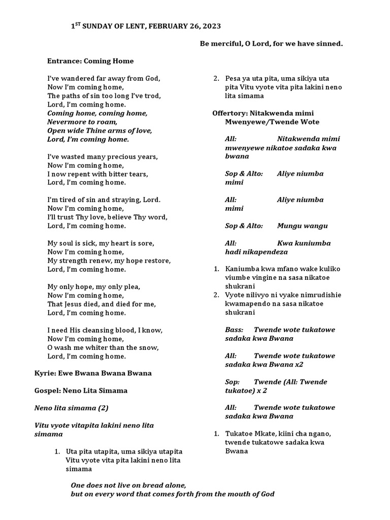 1st Sunday of Lent PDF Mass (Liturgy) Catholic Liturgy