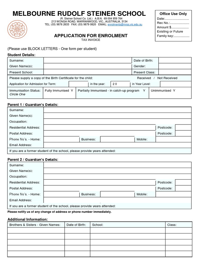 Melbourne Rudolf Steiner School Enrolment Form | PDF | Credit Card ...