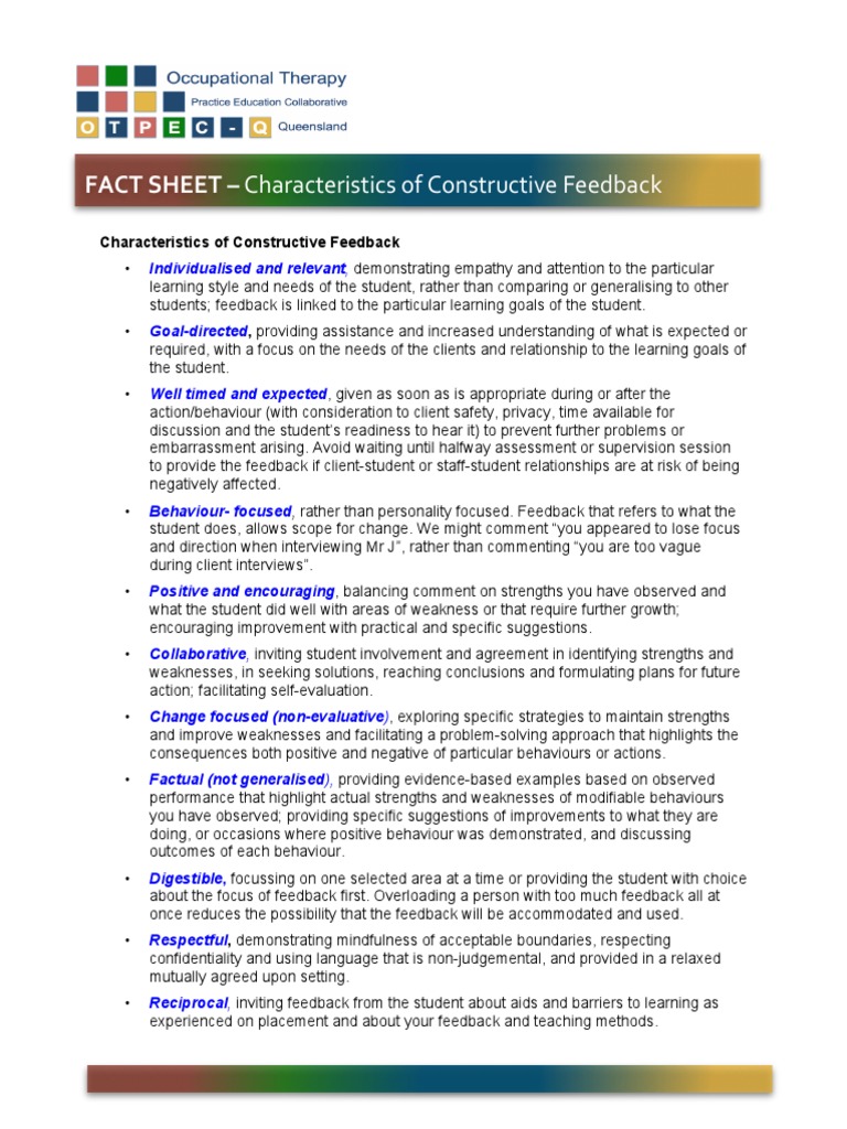 Fact Sheet 4 - 1 Characteristics of Constructive Feedback | PDF ...